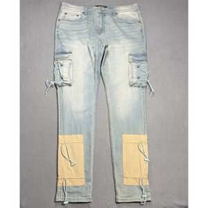 Serenede Mens 36x33 Light Wash Lace Up Cargo Skinny Jeans Streetwear Stretch